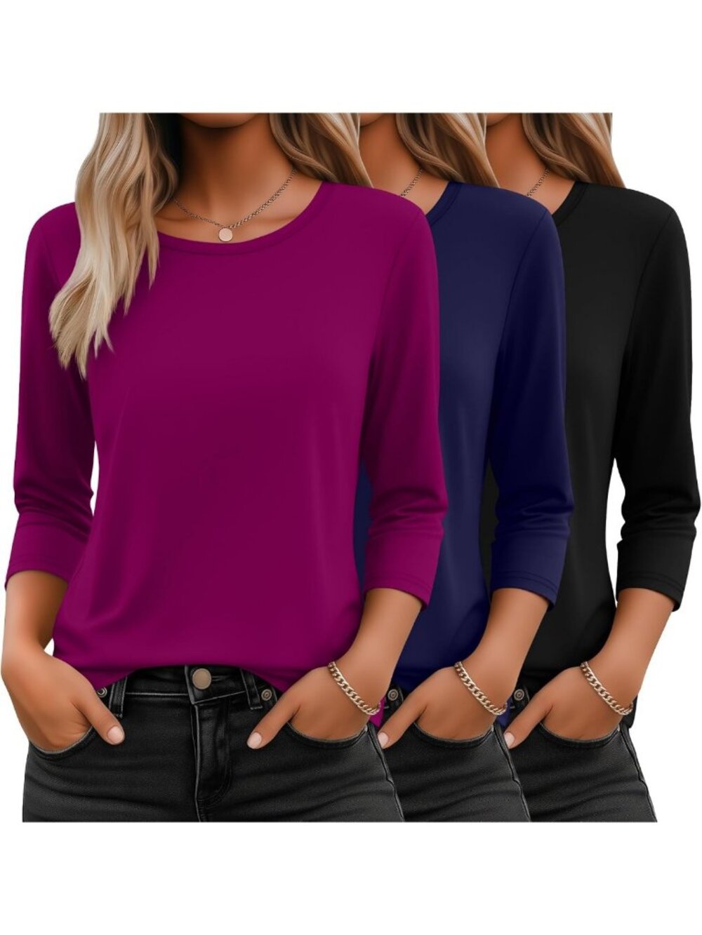 3 Pack Women's 3/4 Sleeve Crewneck Tops - Essential Basics for Every Wardrobe